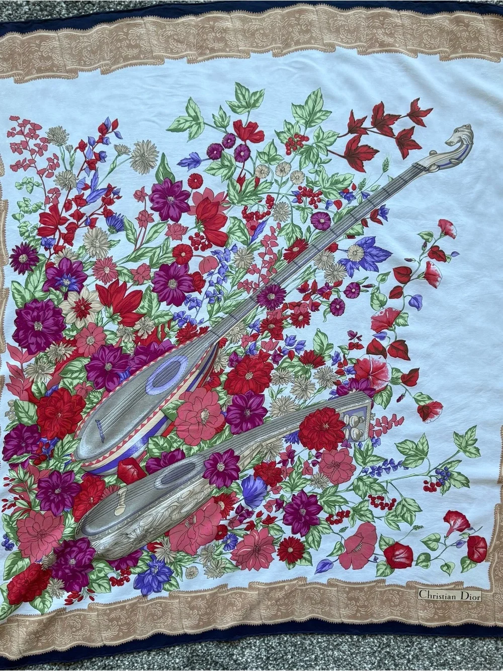 Dior Floral & Lute Silk Scarf in White, Red, Purple, Green